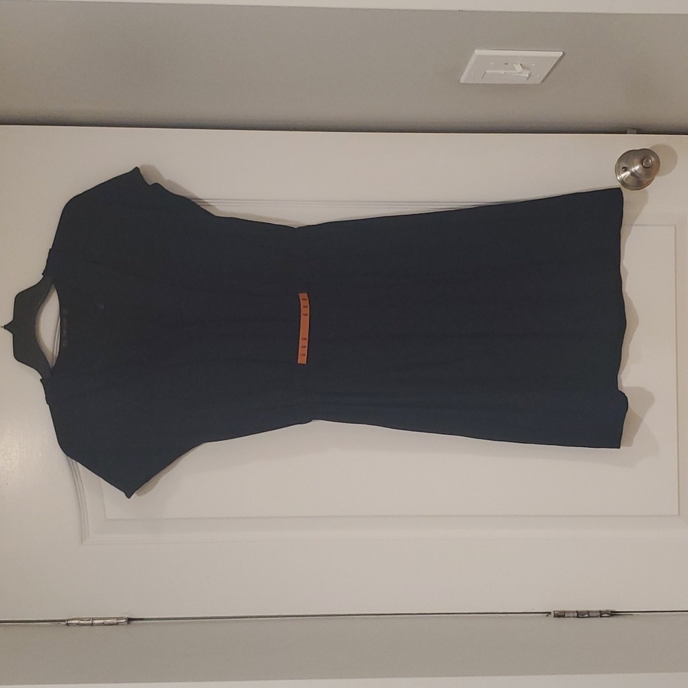 Zara Basic • Navy blue dress belted sheath shirtdress button front cap sleeve